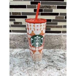 Starbucks Tumbler Thermal Mug Stainless Steel White-Orange Tie Dye Logo 16oz NWT